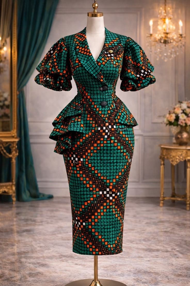 Mannequin in a beautifully structured green African print dress