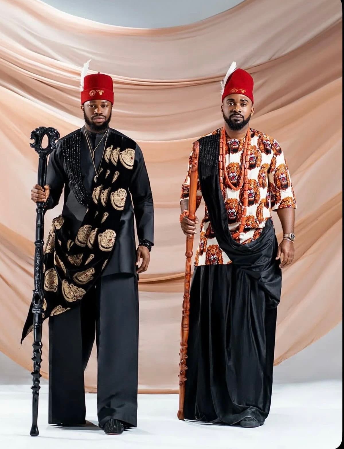 Two men in Igbo-inspired ceremonial looks