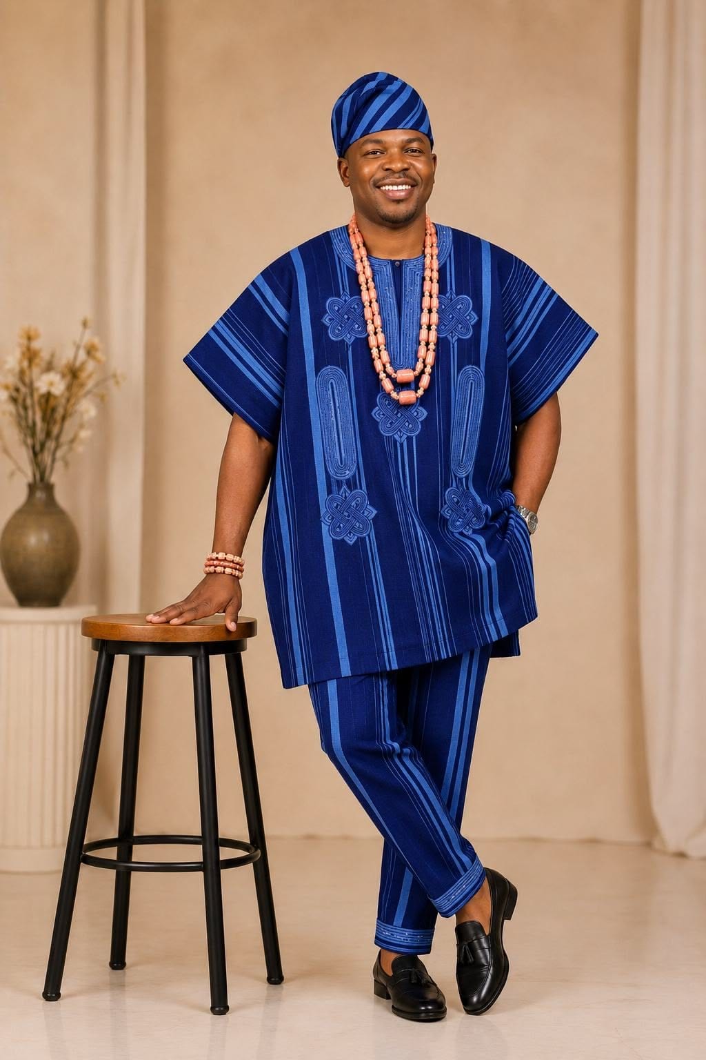 Man in a richly embroidered royal blue Nigerian agbada and cap