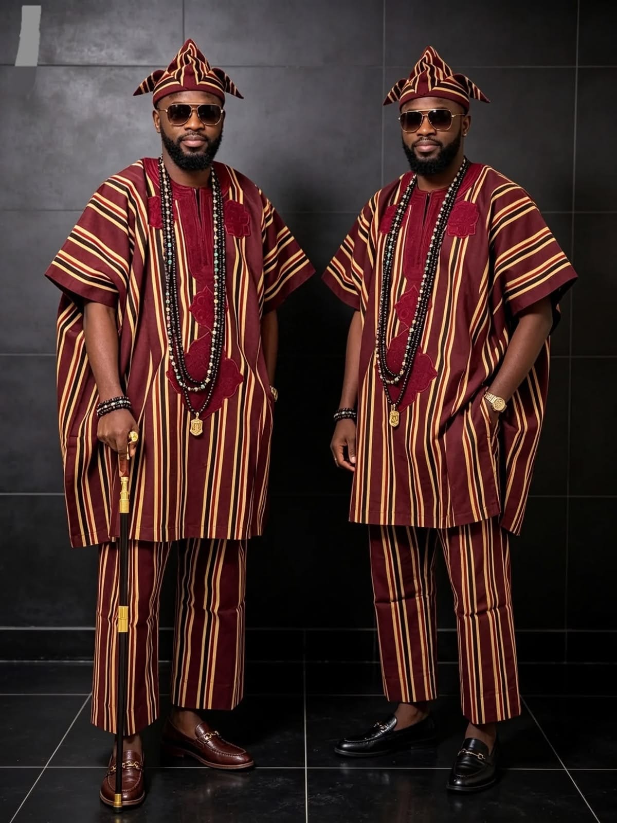 Two men in coordinated burgundy and gold striped Nigerian traditional outfits