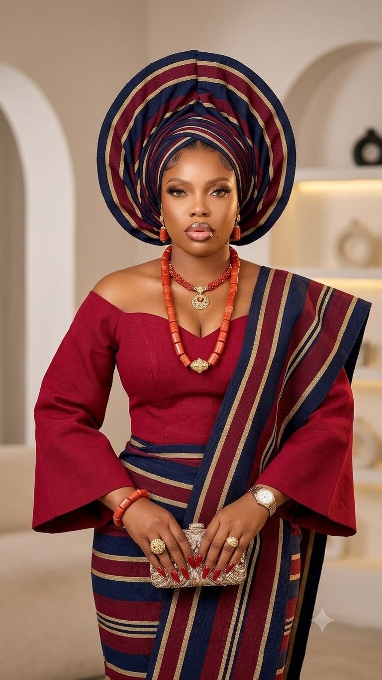 Woman in burgundy and indigo Yoruba traditional dress with a tall gele headwrap